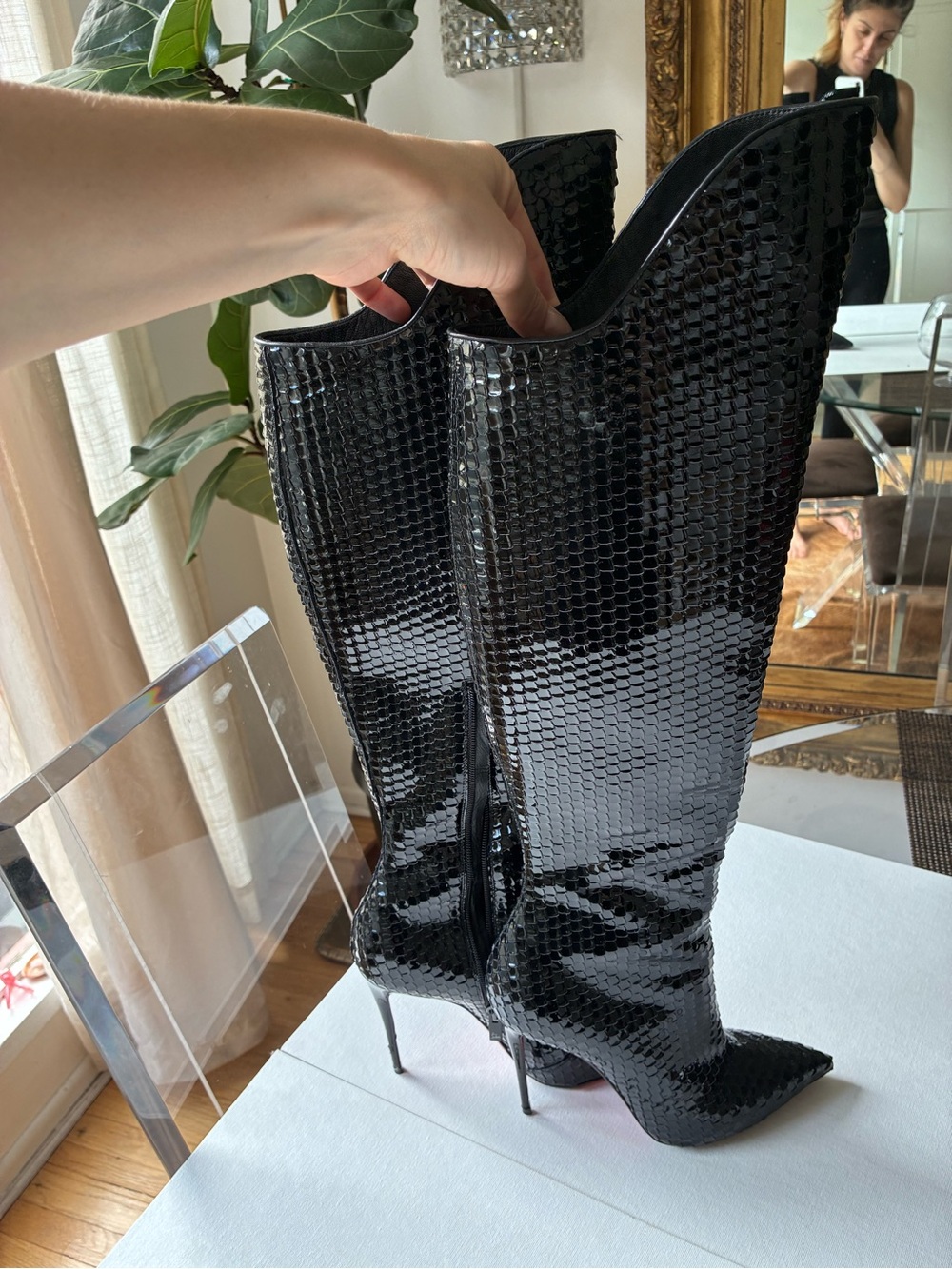 Christian Louboutin Alta Botta knee high boots bird embossed patent 115 36.5 - Picture 10 of 11